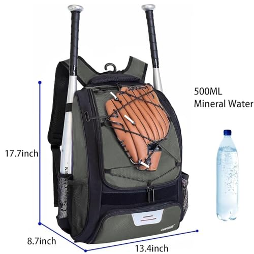 DAFISKY Baseball Bag Softball Backpack - Youth Adult T Ball Bat Equipment Bag with Bat Helmet Holders, Shoe Compartment - color: Grey