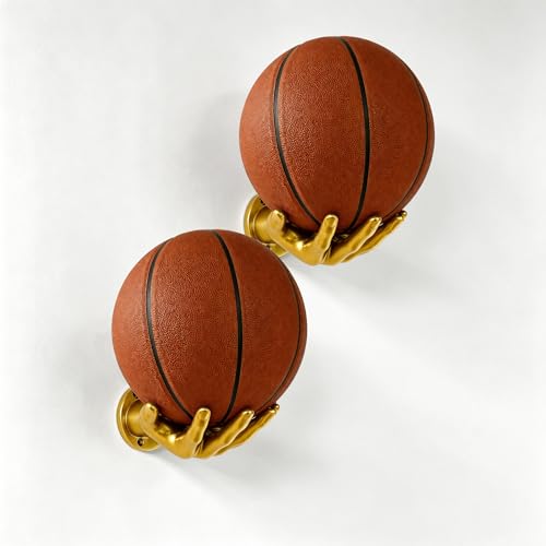 Basketball Wall Mount Holder Set of 2, Cool Basketball Room Decor for Boys Bedroom, Sports Ball Display Rack for Teen Boys, Modern Wall Decor for Men Game Room - color: GOLD