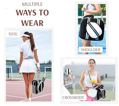 Pickleball Sports Tote Bag with Racket Holder, Neoprene, Adjustable Shoulder Strap - color: Black