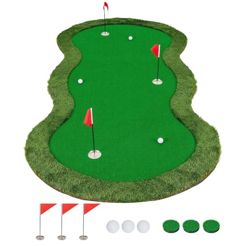 Tangkula 10 FT Golf Putting Green, Large Professional Golf Training Mat with Realistic Artificial Grass Turf, 3 Holes, 3 Flags and Cups for Indoor Outdoor Putting Practice - size: 10 FT x 5 FT, style: Waved
