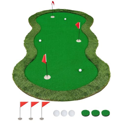 Tangkula 10 FT Golf Putting Green, Large Professional Golf Training Mat with Realistic Artificial Grass Turf, 3 Holes, 3 Flags and Cups for Indoor Outdoor Putting Practice - size: 10 FT x 5 FT, style: Waved