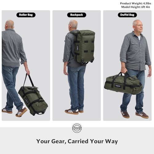 STOVER 45/80/100L Carry-On Rolling Duffel Bag with Wheels, Medium Durable Travel Duffle w/Toiletry Bag, Packable, Foldable with Shoulder Straps- Use as Luggage or Backpack, Men/Women (Green)