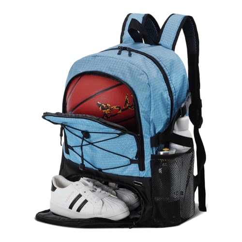 HUA ANGEL Basketball Backpack, Large Sports Bag with Separate Ball Holder & Shoe Compartment, Men/Women Gym Backpack for Basketball Soccer Volleyball - color: Blue