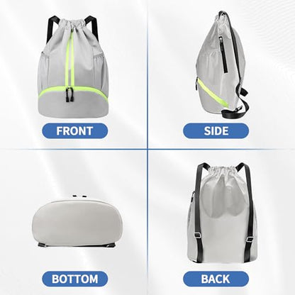JELUTAR Drawstring Backpack Gym Bag with Shoes Compartment for Soccer, Basketball, Swim, Water-Resistant String Backpack Beach Cinch for Women Men, Grey