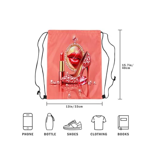 Castle Fairy Makeup Lipstick Print Drawstring Backpack Gym Bag,Crystal Shoes Cinch Bag,Glitter Diamond Pearl Foldable Draw String Back Bags Sports Bags,Pink Gold - color: Pink Gold