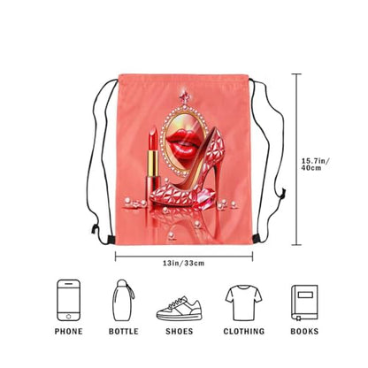 Castle Fairy Makeup Lipstick Print Drawstring Backpack Gym Bag,Crystal Shoes Cinch Bag,Glitter Diamond Pearl Foldable Draw String Back Bags Sports Bags,Pink Gold - color: Pink Gold