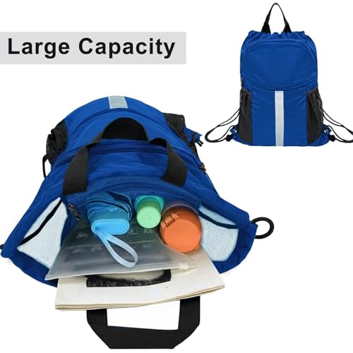 Drawstring Backpack with Shoes Bag Waterproof String Beach Bag for Sports Gym Swim（Royal Blue） - color: Royal Blue