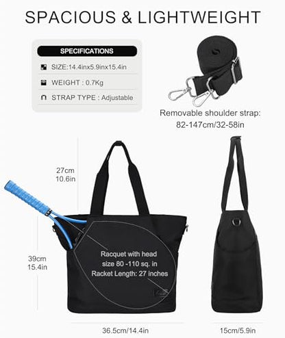 Tennis Bags for Women, Large Pickleball Tote Bag Men 2 Rackets Lightweight Crossbody Shoulder Bag for Gym Sport - color: Black
