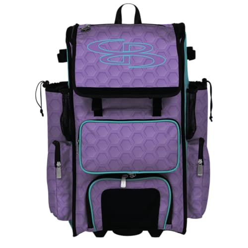 Boombah Rolling Superpack 2.0 3DHC Baseball/Softball Gear Bag - 23-1/2" x 13-1/2" x 9-1/2" - Multiple Colors - Telescopic Handle and Holds 4 Bats - Wheeled Version - color: Amethyst Orchid/Aqua