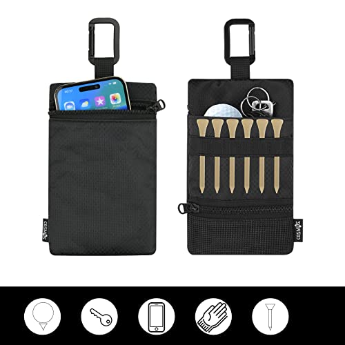 Cosmos Golf Pouch Bag Tees Holder Ball Pocket, Zippered Valuables Accessories Belt with Carabiner for Balls, Tees, Markers, Divot Tools, Phone, Keys Black
