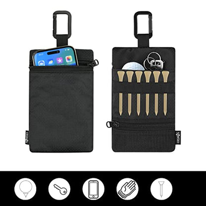 Cosmos Golf Pouch Bag Tees Holder Ball Pocket, Zippered Valuables Accessories Belt with Carabiner for Balls, Tees, Markers, Divot Tools, Phone, Keys Black