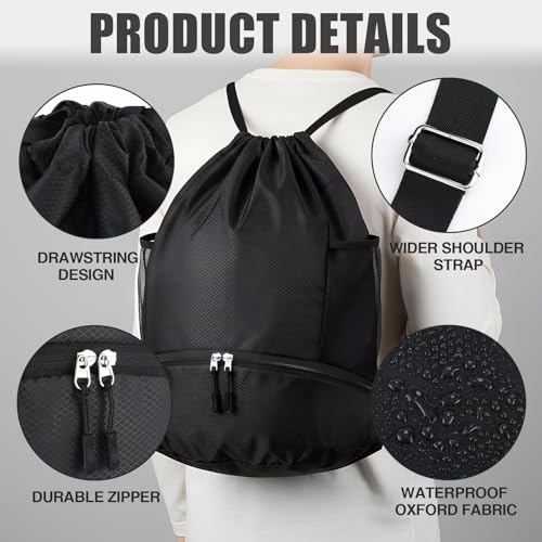 6 Pack Gym Drawstring Backpack Bags Bulk with Shoe Compartment for Sports Wet Proof Pocket for Men Women Large(Black) - color: Black