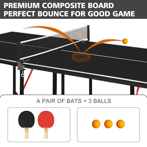 6FT Ping Pong Table Foldable Midsize Table Tennis Table for with Net, Table Tennis Paddles and Balls, MDF Multi-Use Family Game Table Assembly Free for Kid Teenager Adult, Compact & Portable