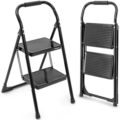 SereneLife 2-Step Ladder, Folding Step Stool for Adults, Wide Anti-Slip Pedal and Handrail, Sturdy Steel Build, 570 lbs Capacity, Portable Step Stool Ladder for Home and Office Use (Black) - size: 2 Step