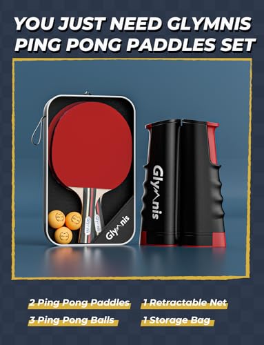 Glymnis Ping Pong Paddles Set, Ping Pong Balls with Retractable Net,Table Tennis Rackets with Carry Bag, Indoor/Outdoor Table Tennis Game Accessories