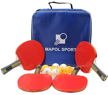 MAPOL Quality Ping Pong Paddle Set - 4 Professional Table Tennis Rackets/Paddles - 8 Premium 3-Star Balls, Portable Cover Case Holder Included