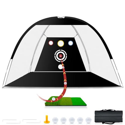 Golf Net - Upgraded All-in-One 10x7ft Golf Practice Net with 5 Real Balls, Tri-Turf Mat and Portable Bag, Durable Hitting Nets for Backyard Driving Swing Outdoor