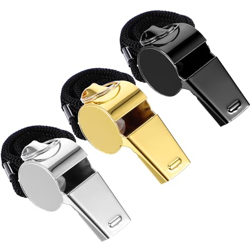 3 PCS Metal Whistle, Stainless Steel Coach Whistle Basketball Whistles with Lanyard for Teachers, Loud Sound Referee Whistles for Emergency, Sports, Soccer, Basketball (Black, Gold, Silver)