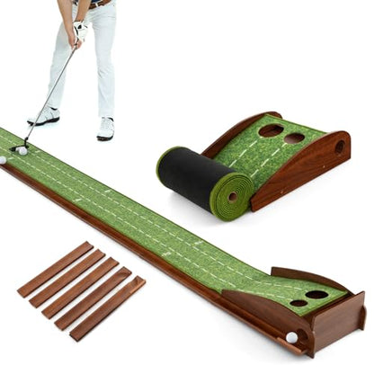 Goplus Golf Putting Mat, 10FT Putting Green Practice Training Aid with 2 Holes/3 Holes, Auto Ball Return, 3 Golf Balls, Training Mini Games for Indoor Outdoor Home Office Golfers Men Women - style: 2 Holes