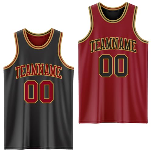 Custom Reversible Basketball Jerseys Men Youth, Personalized Sports Shirts Team Uniforms Printed Name Logo Number - color: Black and Red - Gold