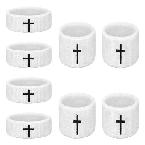 8 Pack Cross Embroidered Wrist Bands Bicep Bands Moisture Wicking, Machine Washable for Sports Stay Dry, Show Faith During Basketball, Football, Baseball, Gym, Running - color: White