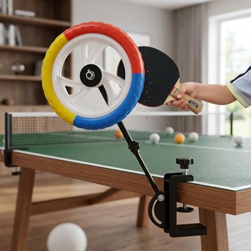 Table Tennis Trainer - Adjustable Solo Practice Device with Colorful Spinning Wheel for Topspin & Stroke Training Fits Standard Tables