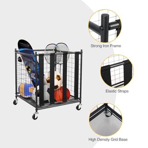 RedSwing Ball Storage Bin Rolling Sports Ball Cart, Metal Garage Sports Equipment Organizer with Elastic Straps,Volleyball Softball Basketball Cage Storage Rack for Garage Playgroup Gym School