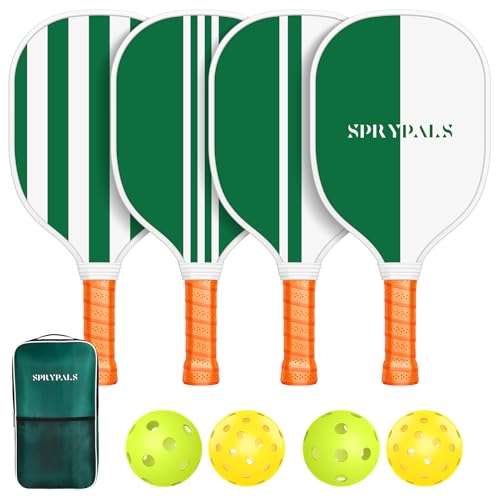 Pickleball Paddles Set of 4, USAPA Approved Pickleball Set of 4 with 4 Pickleball Balls & 1 Carry Bag Premium Wooden Cute Pickle Ball Paddles Grip Gifts for Women Youth Men - color: Green/White