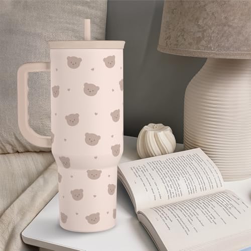 SANDJEST Bear Tumbler with Handle, Insulated Cup Stainless Steel Travel Mug Cup, Gifts for Women Girl, 40oz - color: Bear
