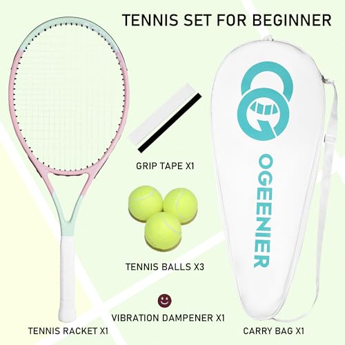 27 Inch Adult Tennis Racket Set, Pre-Strung Beginners Tennis Racquet, Lightweight and Recreational Aluminum Rackets with Overgrip, Tennis Balls and Tennis Bag for Men Women