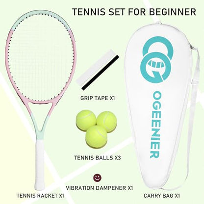 27 Inch Adult Tennis Racket Set, Pre-Strung Beginners Tennis Racquet, Lightweight and Recreational Aluminum Rackets with Overgrip, Tennis Balls and Tennis Bag for Men Women