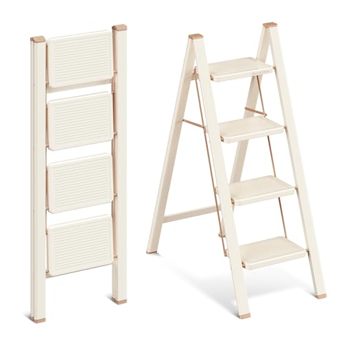 4 Step Ladder, 4 Step Stool for Adults, Folding Step Ladder with Secure Footing, Widened Pedal, Aesthetically Pleasing Looking, Blends Right into Domestic Rooms, Cream Chocolate - size: 4 Step