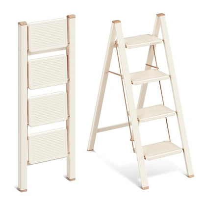 4 Step Ladder, 4 Step Stool for Adults, Folding Step Ladder with Secure Footing, Widened Pedal, Aesthetically Pleasing Looking, Blends Right into Domestic Rooms, Cream Chocolate - size: 4 Step