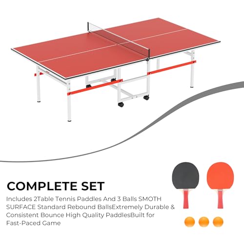 8FT Table Tennis Table with Net, Indoor/Outdoor Professional Ping Pong Table for Kids Adults, Folding Ping Pong Table, Complete Set with Paddles and Balls, School Playground Game Table