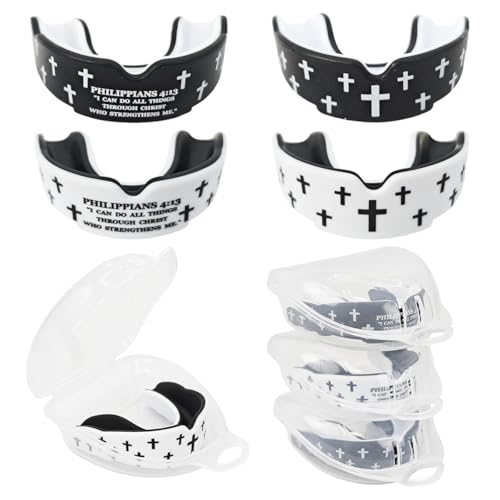 Piemow 4 Pcs Mouth Guard - Faith Cross Mouthguard with Case, Religious Mouth Guards Braces for Football Boxing Basketball Lacrosse Hockey and All Contact Sports - color: Black/White