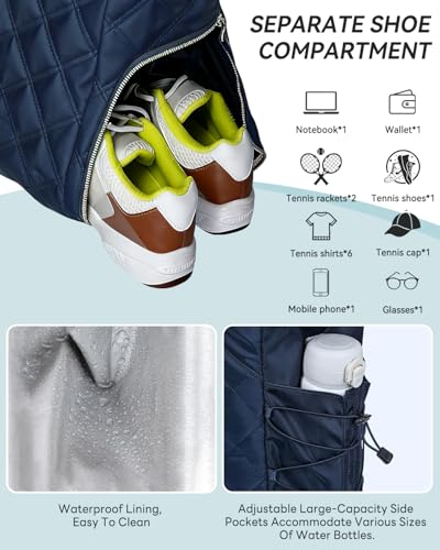 Tennis Tote bag With Shoe Compartment For Men & Women Waterproof Tennis Tote Holds 2-4 Rackets With Shoe Compartment & Wet Pocket, Sports Travel Duffle Fits 15.6" Laptop, Pickleball Tote bag