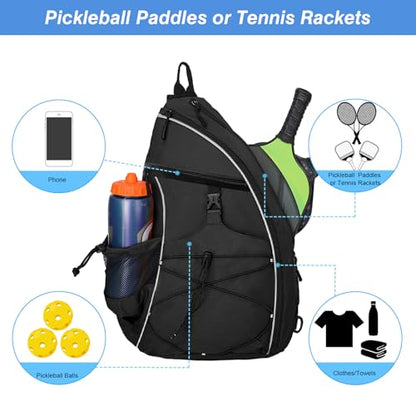 WOLT Pickleball Bag,Crossbody Sling Bags for Women Men,Pickleball Backpack with Fence Hook for Tennis, Racketball - color: Black