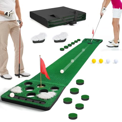 Golf Putting Game Set, Detachable Golf Putting Green Mat with 4 Balls, 2 Cups & Flags, 1 Portable Bag for Indoor & Outdoor Party Game Use - color: Black