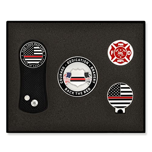 PinMart's Golf Essentials Gift Set - Golf Divot Tool, Hat Clip, Magnetic Ball Markers, Large Ball Marker with Presentation Box - Gifts and Accessories for Men and Women - color: Thin Red Line