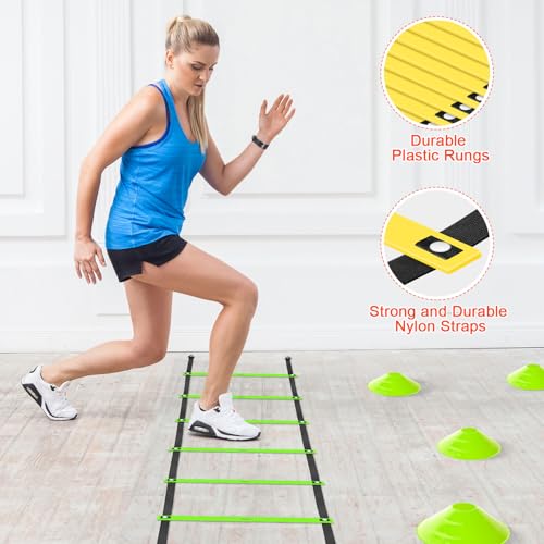 X-UMEUS Agility Ladder Speed Training Equipment Set-20ft Agility Ladder,12 Soccer Cones,4 Hurdles, Jump Rope, Running Parachute| Basketball Football Soccer Training Equipment for Kids Youth Adults - color: Green