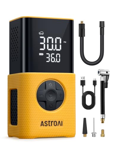 AstroAI Tire Inflator L7S Portable Air Compressor Cordless Bike Air Pump with Digital Dual Values Display, 150 PSI Car Tires Pump with LED Lights Air Pump for Auto, Motorcycles, Bikes, Balls Yellow - color: Yellow