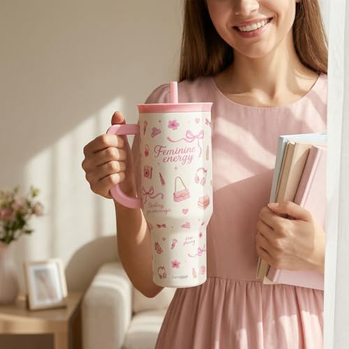 SANDJEST Women's Things 40oz Tumbler with Handle and Straw, Insulated Stainless Steel Travel Coffee Mug for Women Girls, Gift Idea for Birthday Christmas Mothers Day - color: Women's Things