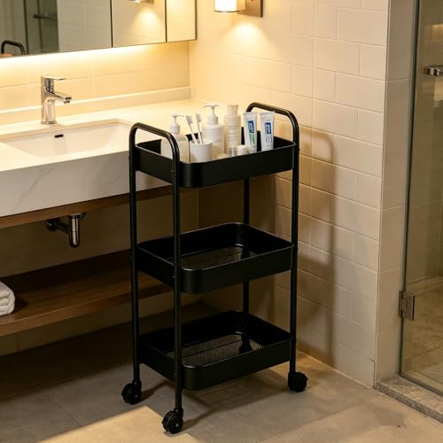 3-Tier Metal Rolling Utility Cart with Handle, Multi-Functional Storage Trolley for Office, Living Room, Kitchen, Movable Storage Organizer with Wheels, Black