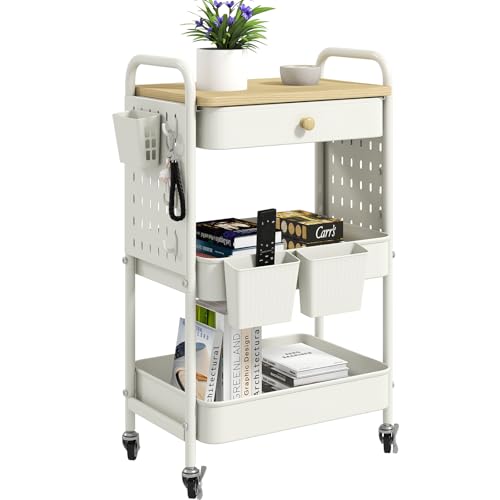 danpinera Rolling Utility Cart with Drawer, 3 Tier Rolling Cart with Wheels, Hooks & Hanging Cups, Craft Cart Art Cart Snack Cart Rolling Storage Cart with Wooden Table Top & DIY Pegboards, White - color: White, size: with pegboards