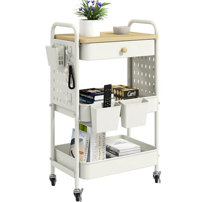 danpinera Rolling Utility Cart with Drawer, 3 Tier Rolling Cart with Wheels, Hooks & Hanging Cups, Craft Cart Art Cart Snack Cart Rolling Storage Cart with Wooden Table Top & DIY Pegboards, White - color: White, size: with pegboards