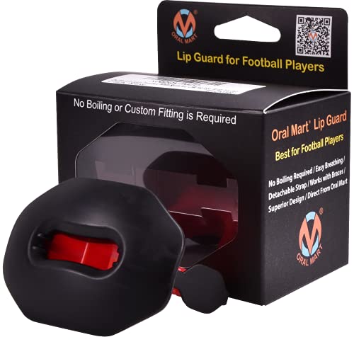 Oral Mart Flag Football Mouth Guard with 3D LipFit Design for Kids - Youth Football Mouthguard (No Boil) Cool Instant Fit Lip Guard Mouthpiece for Braces (Detachable Helmet Strap Included) - color: Red/Black