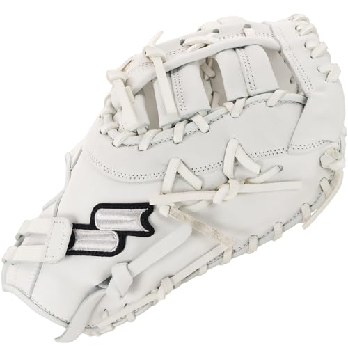SSK FP5 Fastpitch Softball First Base Mitt 12.5” – 13” Right & Left Hand Throw Premium Full Leather Softball Glove - color: White/Black, size: 13" - Left Hand Throw