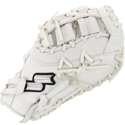 SSK FP5 Fastpitch Softball First Base Mitt 12.5” – 13” Right & Left Hand Throw Premium Full Leather Softball Glove - color: White/Black, size: 13" - Right Hand Throw