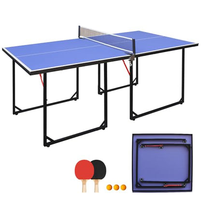 Foldable Ping Pong Table Portable 4.5FT/6FT/9FT Indoor MDF Table Tennis Table Multi-Purpose Family Game Table with Net, 2 Paddles and 3 Balls for Kid Teenager Adult - color: 6FT Blue Black