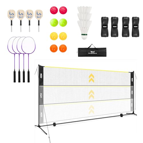 NQV Pickleball Set with Net-10FT Half Court Size Pickleball Net+Wood Pickleball Paddles+Pickle Balls+Ball Retrievers+Pickleball Court Marking Kit, Portable Driveway Outdoor Indoor for Beginners Pros - style: height adjustable 2 in 1 net